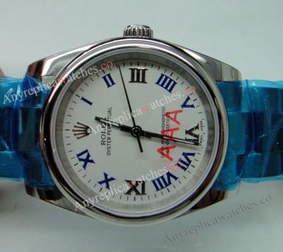 Replica Rolex Oyster Perpetual Explorer White Blue Roman Face Watch